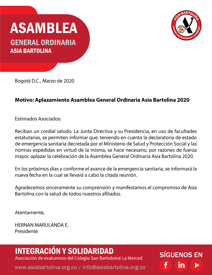 Aplazamiento Asamblea General Ordinaria Asia Bartolina 2020